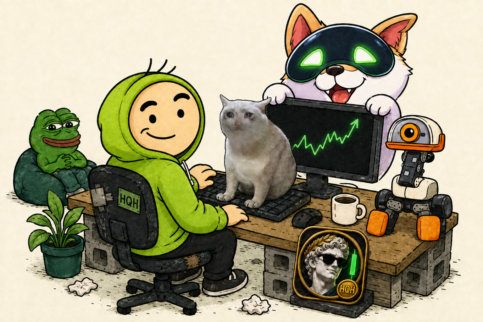 HQH at his trading desk with Artificial Inu, Cash Cat, Microduck and Boner